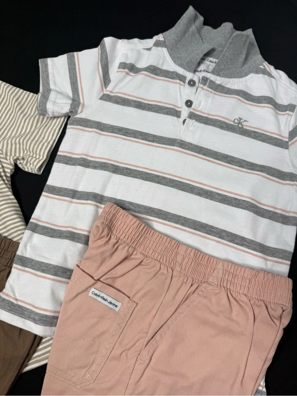 CK Kids Striped Polo Set in Beige, Gray and Pink size 4